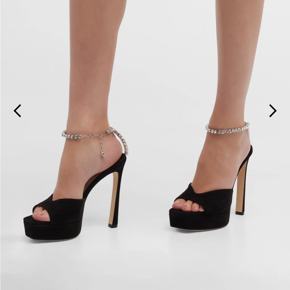 Jimmy Choo 100mm "Saeda" suede platform sandals with crystal trim.